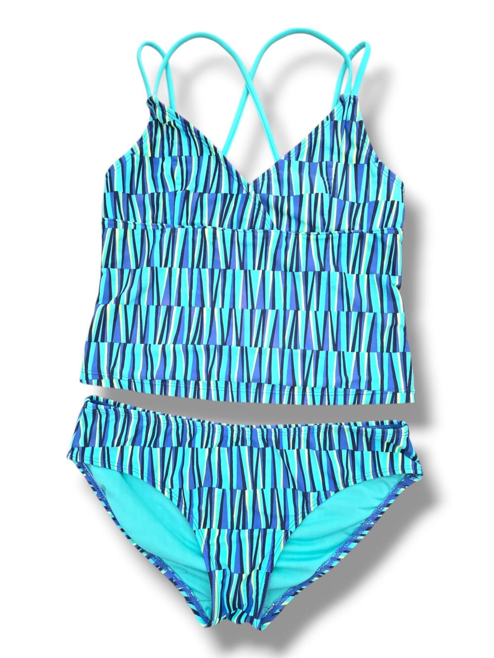 Old Navy Girls XL 14 Tankini Swimsuit Blue Geo Stripe